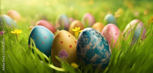 Easter eggs of different colors lie in the green grass.