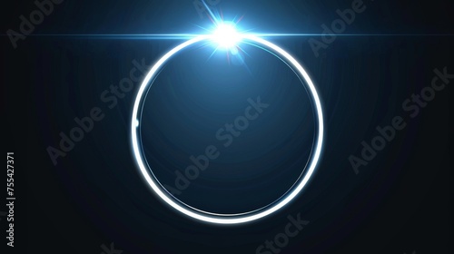 Luminous white neon glowing circle with bright speckles and streaks. Shiny glare ring with rays and highlights.