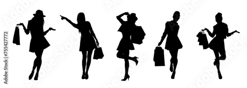 Collection of woman silhouette carrying shopping bags