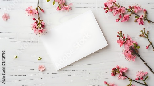 a blank open notebook surrounded by pink cherry blossom branches on a white wooden background  suggesting a springtime theme