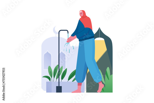 Muslim women perform ablution before prayer vector Illustration