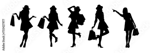 Collection of woman silhouette carrying shopping bags