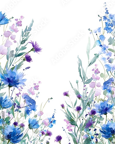  delicate watercolor floral arrangement with shades of blue and purple flowers against a white background, ideal for a soft and elegant design