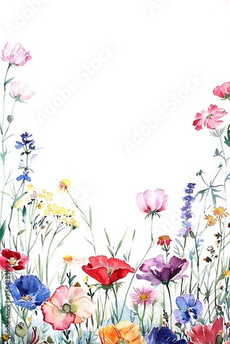 A watercolor floral frame of brightly colored flowers and foliage, valentine's day, easter, birthday, happy women's day, mother's day, copy space © Vivid Canvas
