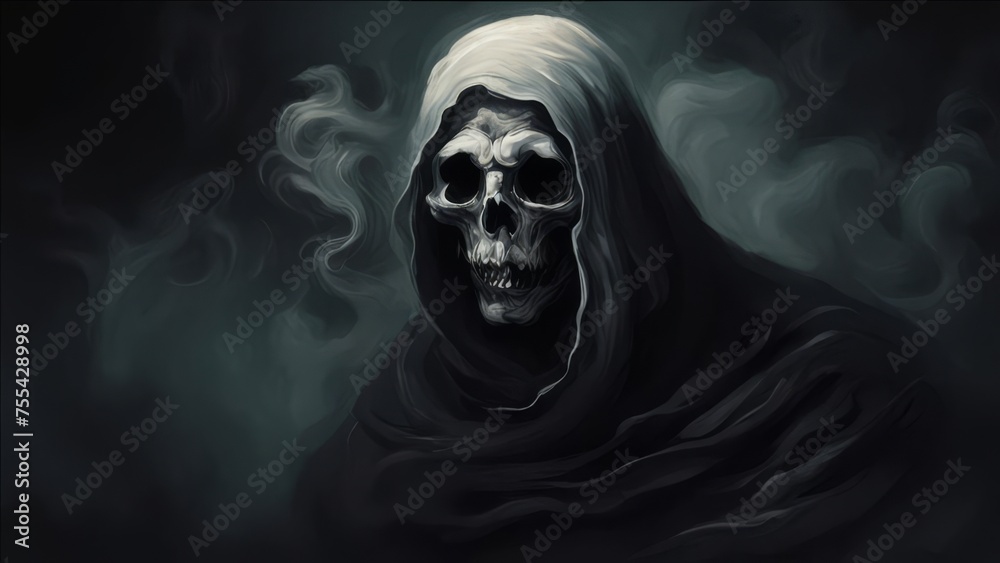 A hooded skull on a dark background with smoke. A hooded skull on a dark background with smoke.
