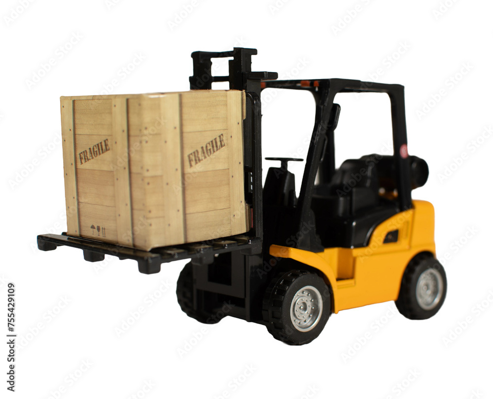 A forklift is lifting a box that says fragile