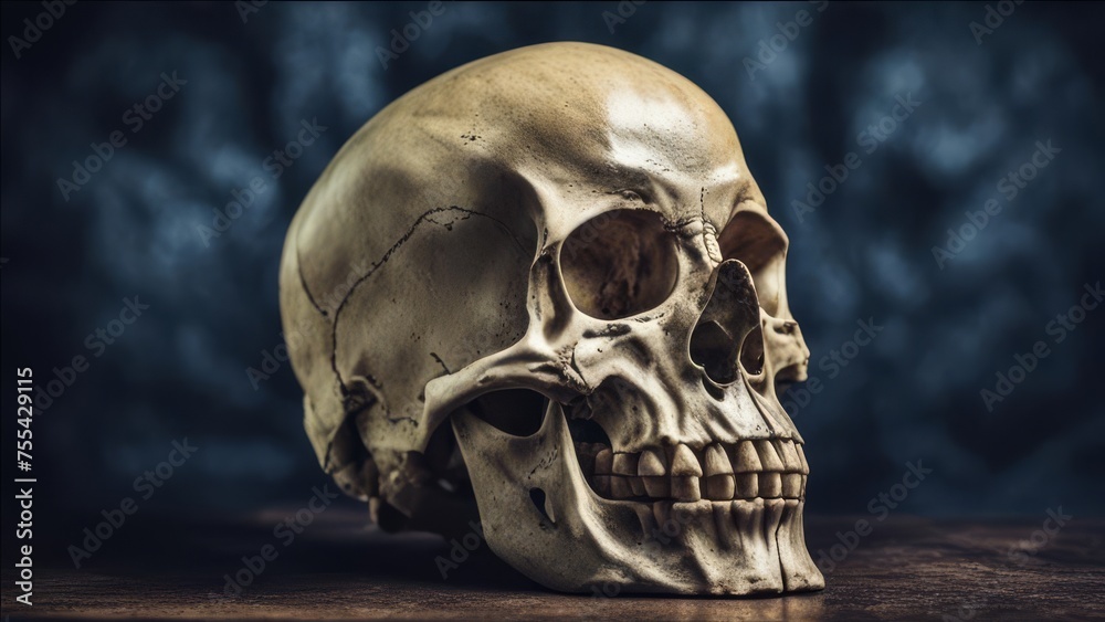 A scary skull in close-up on an abstract background.