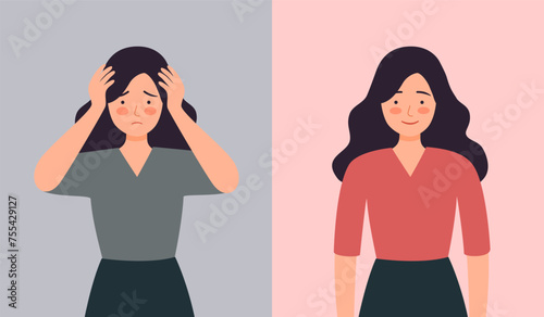 Woman in sad and happy mood in flat design. Positive and negative thinking. Mental health care concept.