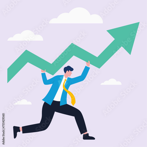 Business and career growth illustration, Businessman carrying arrow to make stock rising boom graph and chart