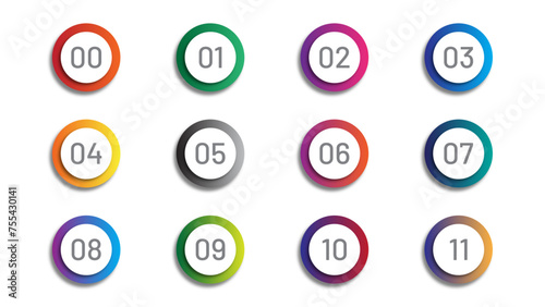 Number bullet point colorful markers 0 to 11 vector. Circular number bullet point from zero to eleven. Colorful sale badges.