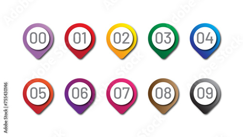 Number bullet point colorful markers 0 to 9 vector. Circular number bullet point from zero to nine. Colorful sale badges.