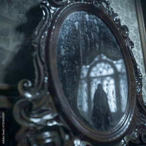 A close-up of a haunted mirror reflecting a sinister figure that isnt there in the room photo