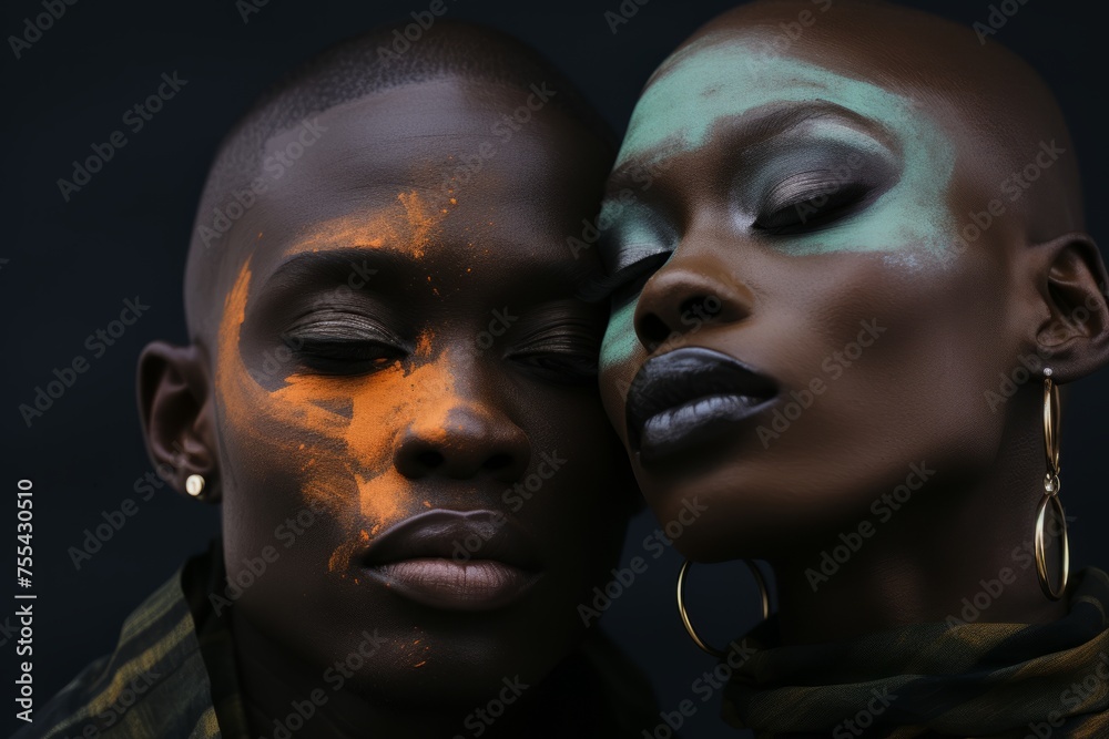 Artistic portrait of two models with bold makeup and accessories