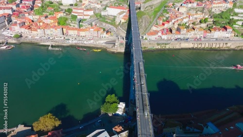Drone view of Ribeira District of Porto, Portugal photo