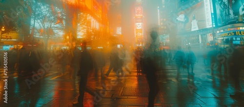 Blurry city street scene, rain, neon reflections, urban nightlife, abstract, Times Square vibe