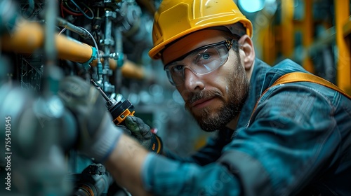 Focused worker in hard hat inspects machinery at an industrial plant. professional in protective gear on duty. blue-collar industry lifestyle. detail-oriented mechanical inspection. AI