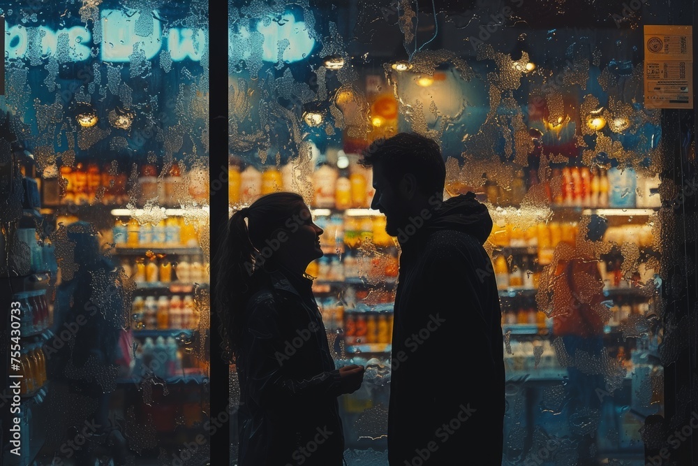 Romantic couple, rainy window, intimate moment, night city lights. Romantic couple, rainy window, intimate moment, night city lights.
