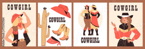 Beautiful western cowgirl vector posters set, vintage swag cowgirl accessories, woman dressed in retro wild west style