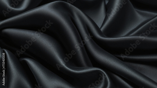 Elegant black silk satin fabric background. Highly detailed and wavy texture. AI-Generated