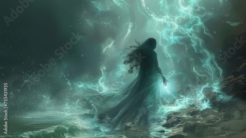 Underwater sorceress casting spells in an aquatic kingdom