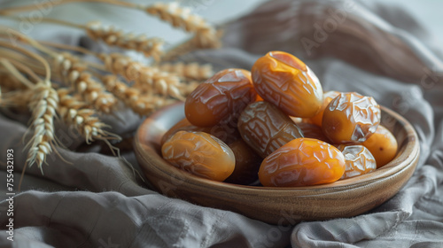 Photo of dates on a wooden plate photo