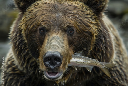 Grizzly bear hunts for salmon in white water river 