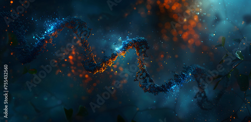 Neon-lit dna strand in digital concept, symbolizing biotechnology and genetic research, with vibrant blue and orange lights against a dark, ethereal backdrop photo