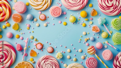 Colorful candies pastel blue background