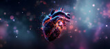 A heart with red veins and a red glow. A blue background surrounds the heart