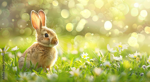 Adorable bunny among spring wildflowers with room for text