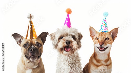 Puppy and kittens in birthday hats peeking from behind empty board. isolated on white background,Group of pets in birthday hat 