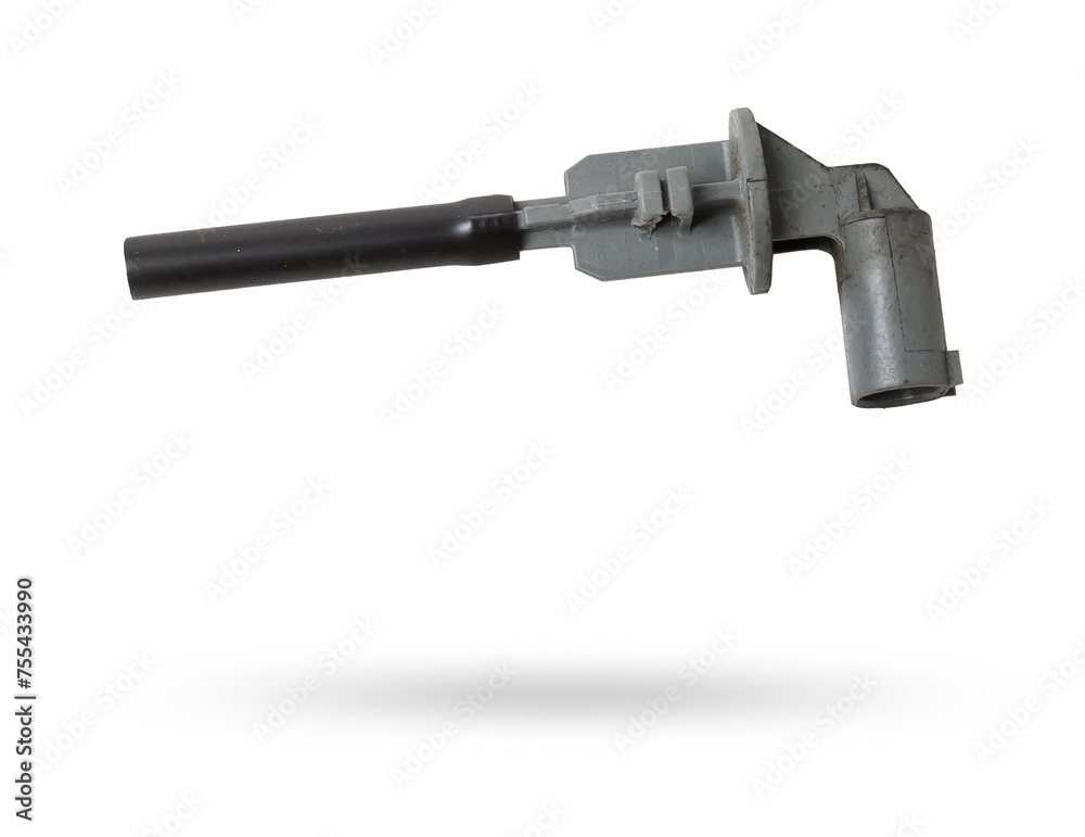 The coolant level sensor is black on a white background with metal elements, it is installed on the expansion tank or washer tank. The coolant level sensor is black on a white background with metal elements, it is installed on the expansion tank or washer tank.