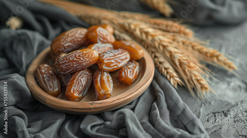 Photo of dates on a wooden plate photo