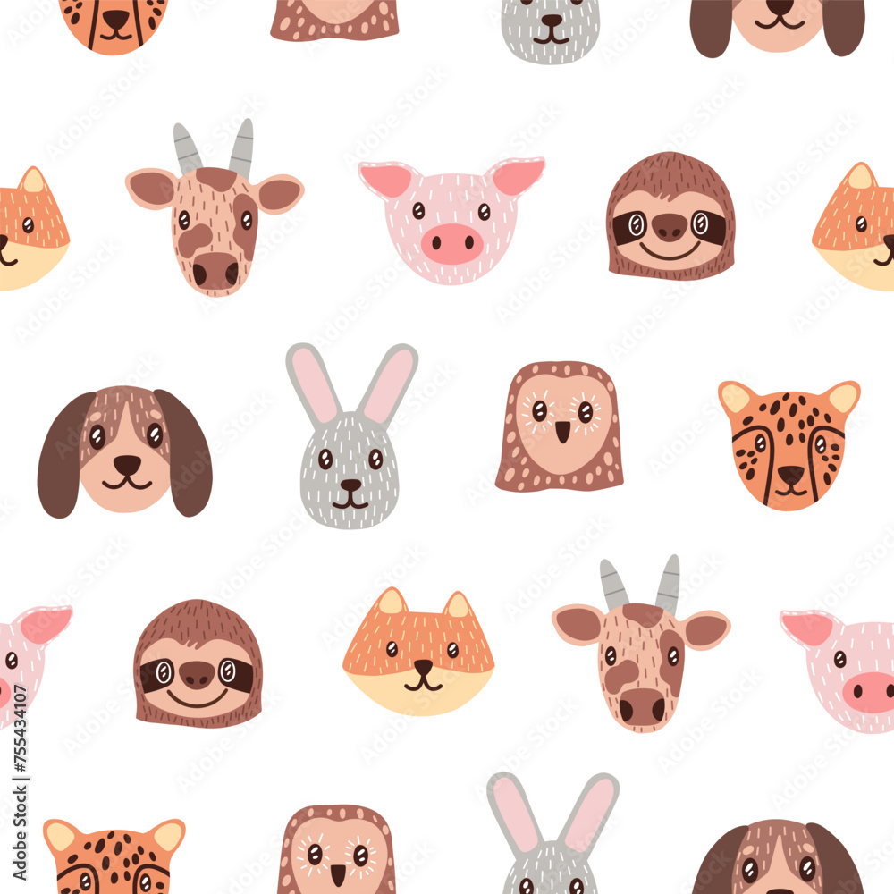 Endless pattern of happy muzzles of dog, bunny, cow, pig, owl. Repeatable print of different animal faces. Cute funny portraits of hare, cat, fox. Flat seamless vector illustration on white background
