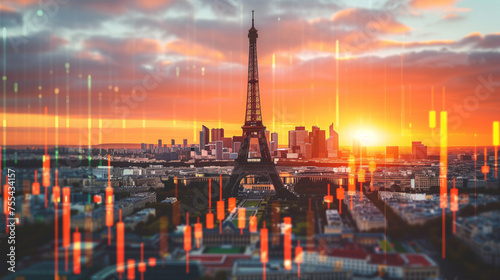 Paris business skyline with stock exchange trading chart double exposure, France with Eiffel tower trading stock market digital concept