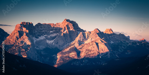 A splendid view of mighty rocks in the Italian Alps. National Park Tre Cime di Lavaredo, Italy, South Tyrol.