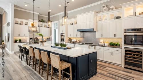 Elegant Modern Farmhouse Kitchen in Orlando Community Model Home with White Cabinets and Navy Blue Island