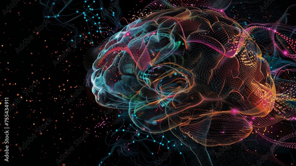 A colorful, computer-generated brain floats in dark space, dotted with stars. Its wrinkled surface is illuminated from within by glowing neurons. - obrazy, fototapety, plakaty 