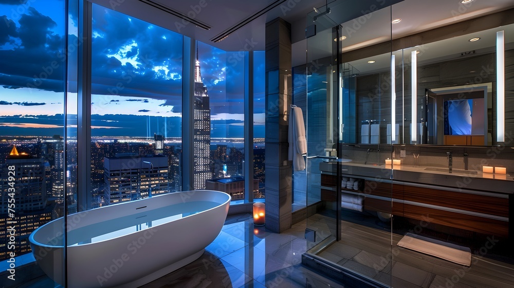 Fototapeta premium Luxurious Bathroom Retreat with Breathtaking City Skyline View at Night