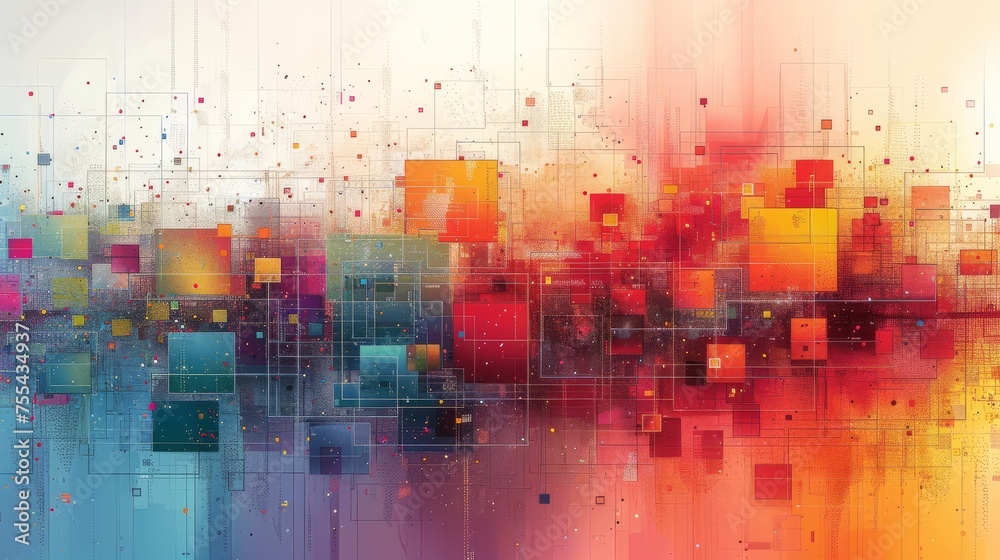 A colorful abstract painting of squares and lines on a white background. The squares are a variety of bright colors and some overlap. A colorful abstract painting of squares and lines on a white background. The squares are a variety of bright colors and some overlap.
