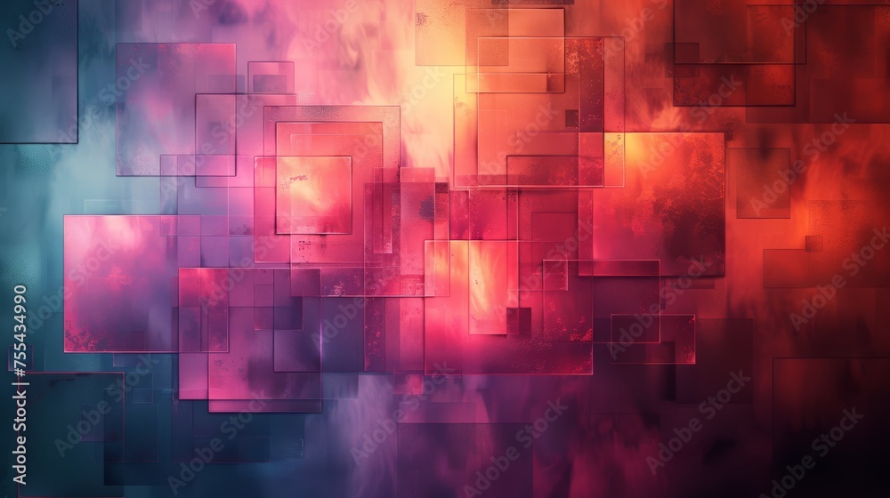Obraz premium A vibrant abstract artwork with squares and swirling curved lines. The squares are a mix of jewel tones and blues, set against a light-colored background.