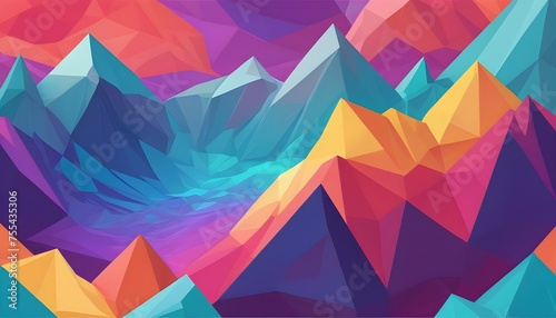 Low-poly colorful gloomy  holographic mountains landscape with trees 