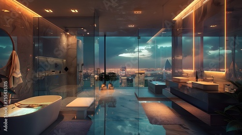 Ultra Realistic Penthouse Bathroom Overlooking a Stylish City Skyline at Night