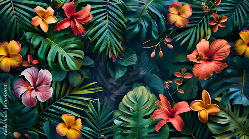 abstract floral background, seamless pattern with tropical leaves