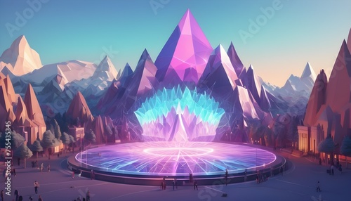 Low-poly colorful gloomy  holographic mountains landscape with trees, large sci-fi place platform in the middel, with people photo