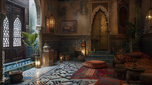 A Luxurious Moroccan Riad Interior Adorned with Intricate Patterns and Brass Lanterns
