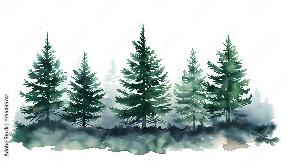 Fototapeta premium christmas tree in the forest with fog, watercolor style
