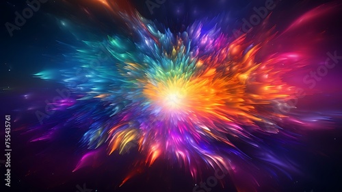  A vibrant explosion of colors, resembling an energetic burst of fireworks in the dark space, with a bright center point that adds depth and energy to the background photo
