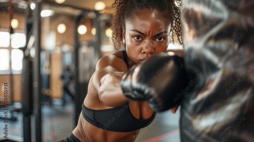 Beautiful afroamerican woman punching bag in the gym