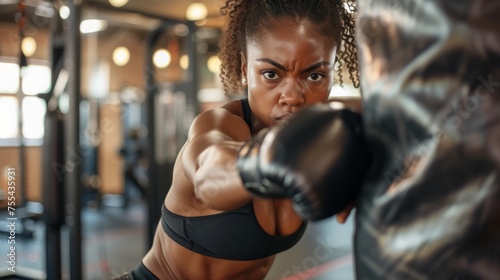 Beautiful afroamerican woman punching bag in the gym